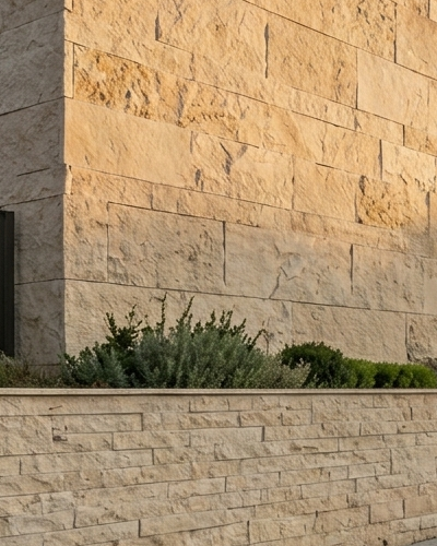 Sawn-face limestone cladding for exterior facades