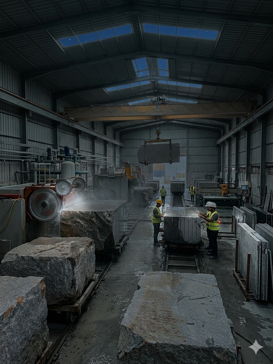 Stone processing facility with diamond wire cutting machines