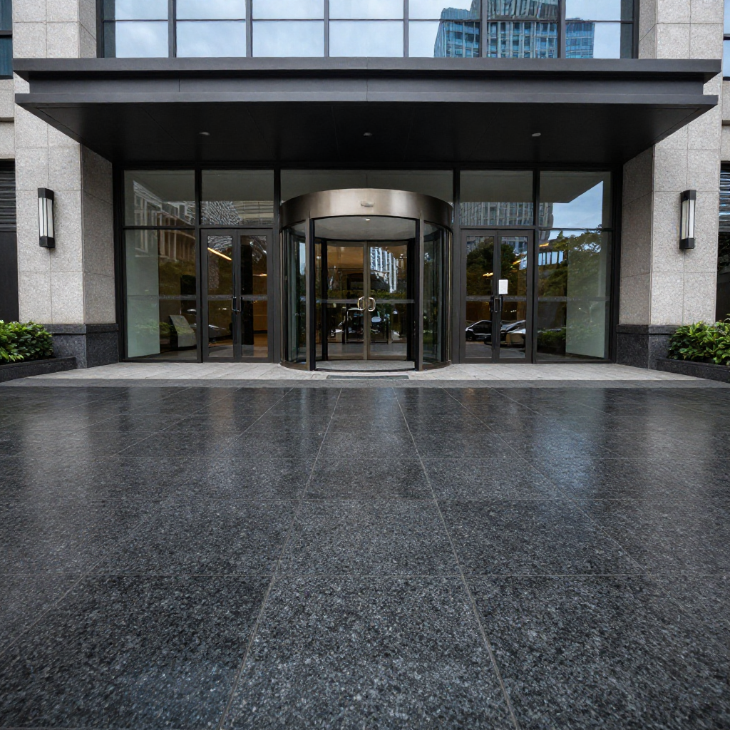 Flamed Black granite surface — rough textured matte finish produced by high-temperature thermal treatment