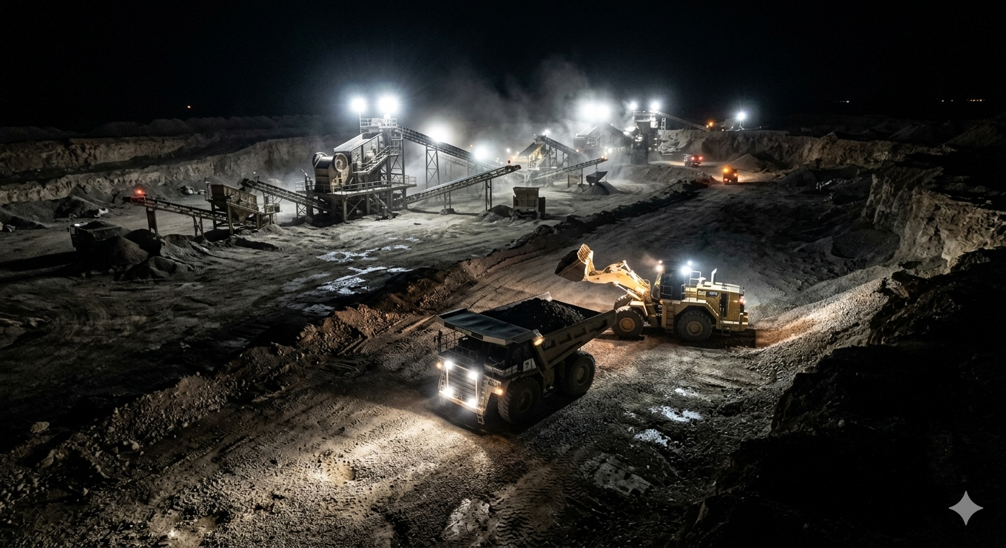 Open-pit Egyptian marble and granite quarry with heavy extraction machinery